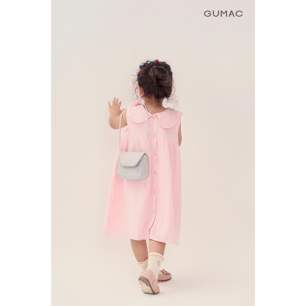Đầm Bé Gái GUMAC Form A Suông Cổ Cánh Sen Bèo Nhún Vải Xô Thêu Mềm Xinh Xắn DKG04035
