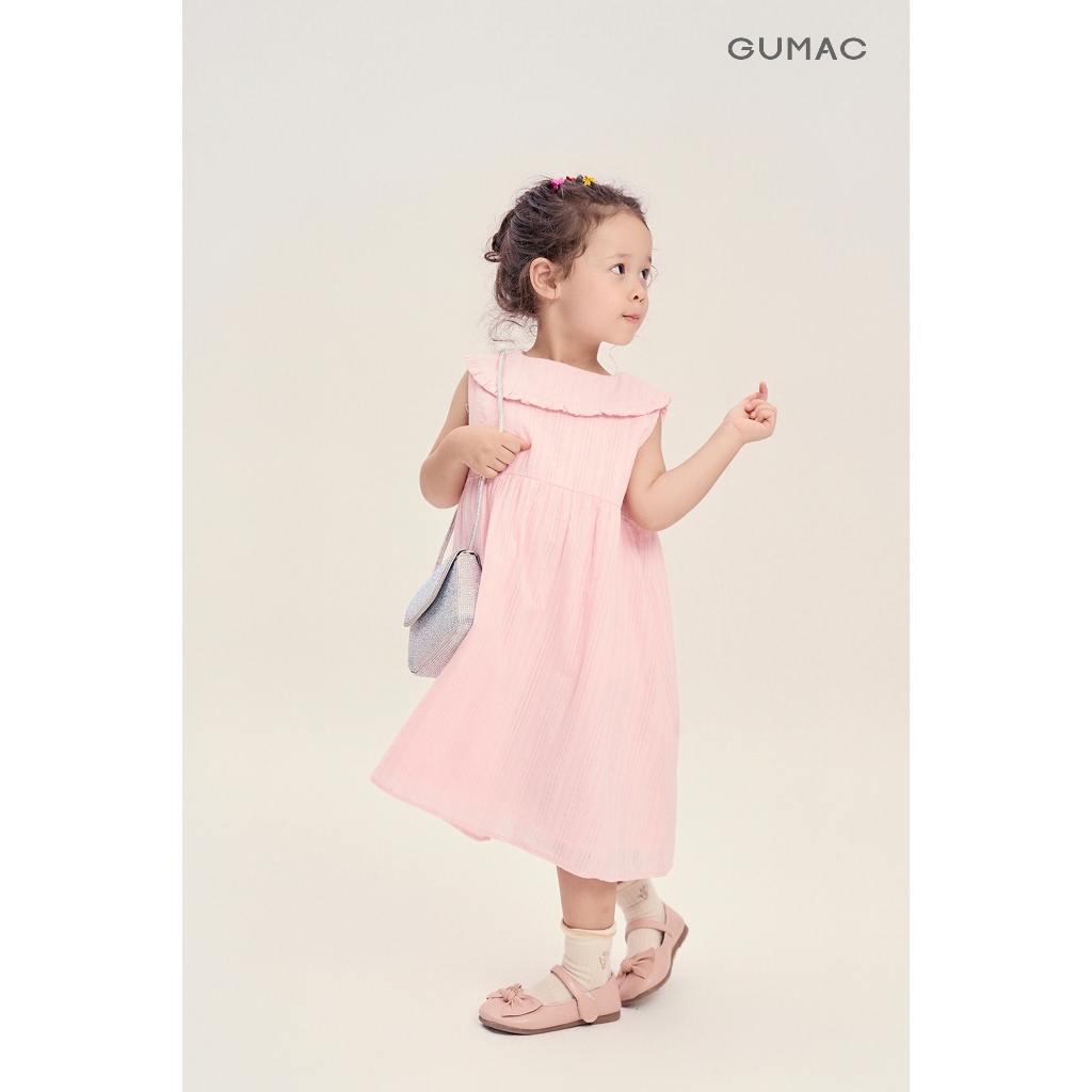 Đầm Bé Gái GUMAC Form A Suông Cổ Cánh Sen Bèo Nhún Vải Xô Thêu Mềm Xinh Xắn DKG04035