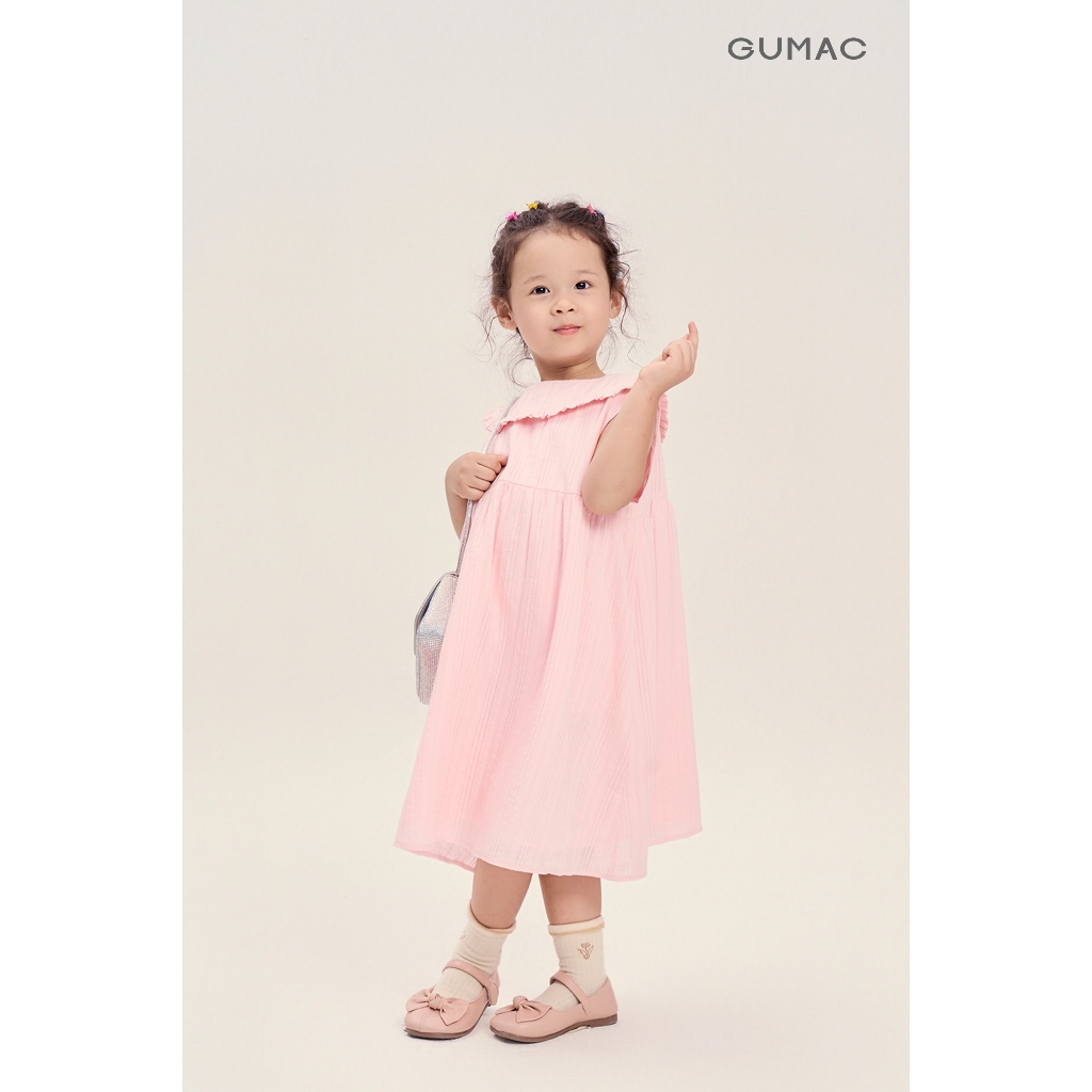 Đầm Bé Gái GUMAC Form A Suông Cổ Cánh Sen Bèo Nhún Vải Xô Thêu Mềm Xinh Xắn DKG04035