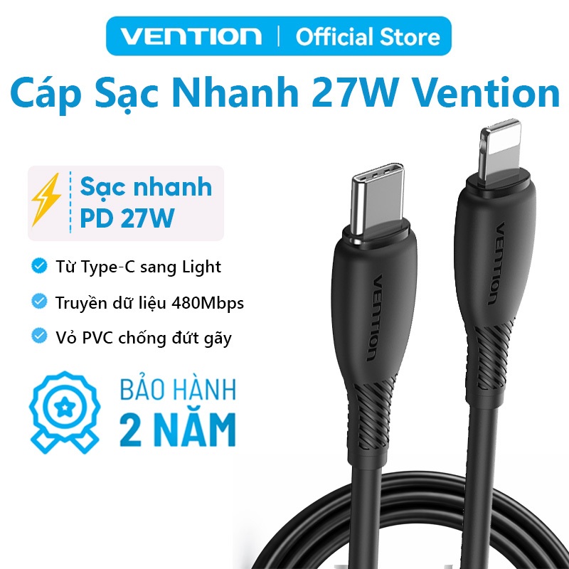 Cáp  Sạc Nhanh PD 27W Vention Type-c sang Light , Truyền Dữ Liệu 480Mbps, Dây Mềm Chống Đứt Gãy Cho Phone, Tablet