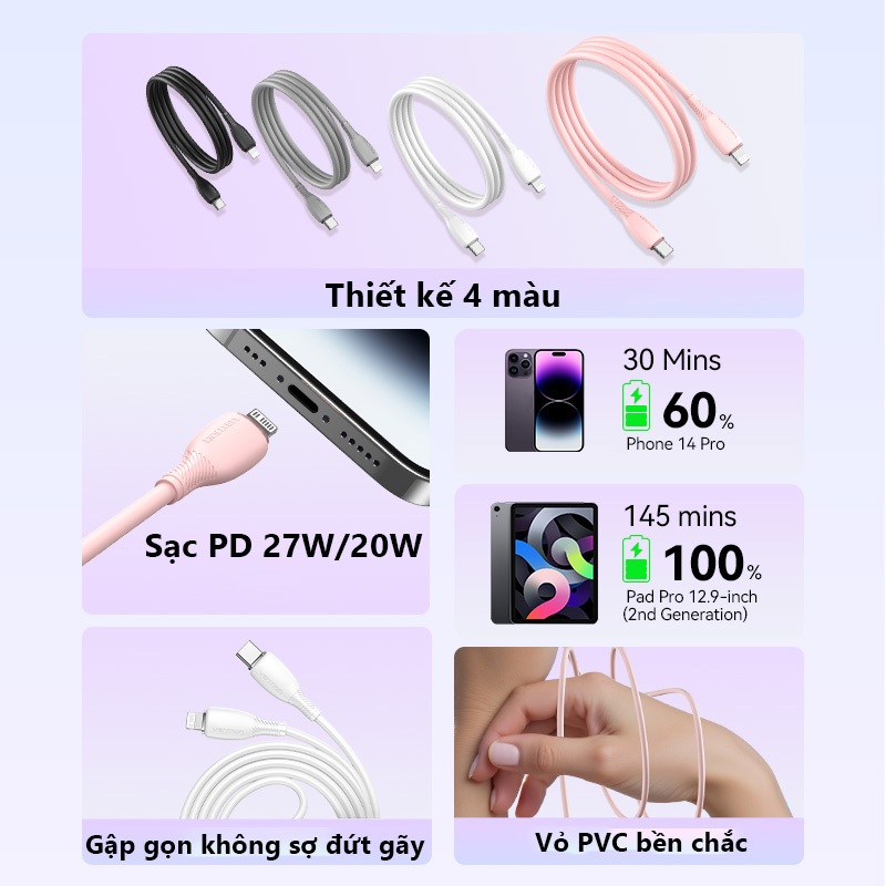 Cáp  Sạc Nhanh PD 27W Vention Type-c sang Light , Truyền Dữ Liệu 480Mbps, Dây Mềm Chống Đứt Gãy Cho Phone, Tablet