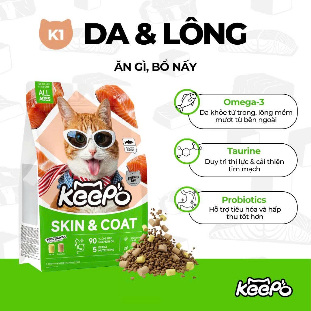 Thức ăn cho mèo Keepo K1/K2 Đẹp da, Mượt lông, Tiêu & Giảm búi lông, Tiêu hóa khỏe mạnh, Gói 1kg