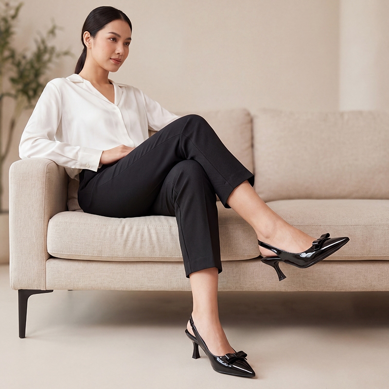[PY] Giày cao gót nữ mũi nhọn phối nơ kiểu dáng đơn giản thanh lịch màu đen cao 5cm-7cm dành cho Nàng đi chơi đi tiệc
