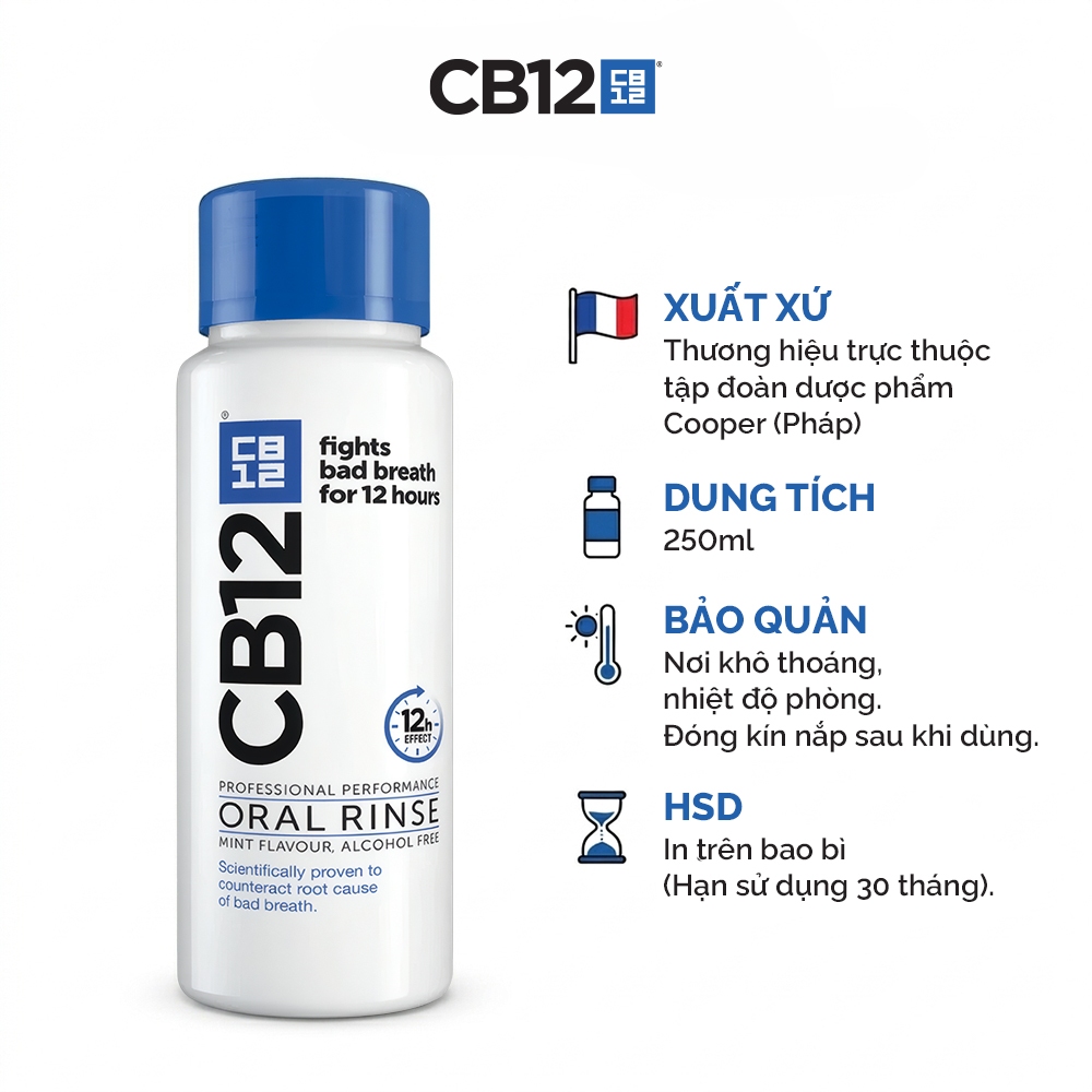 Nước Súc Miệng Kiểm Soát Hơi Thở 12H CB12 Mint Hương Bạc Hà 250ml - Khử Hôi Miệng - Không Cồn, Dịu Nhẹ