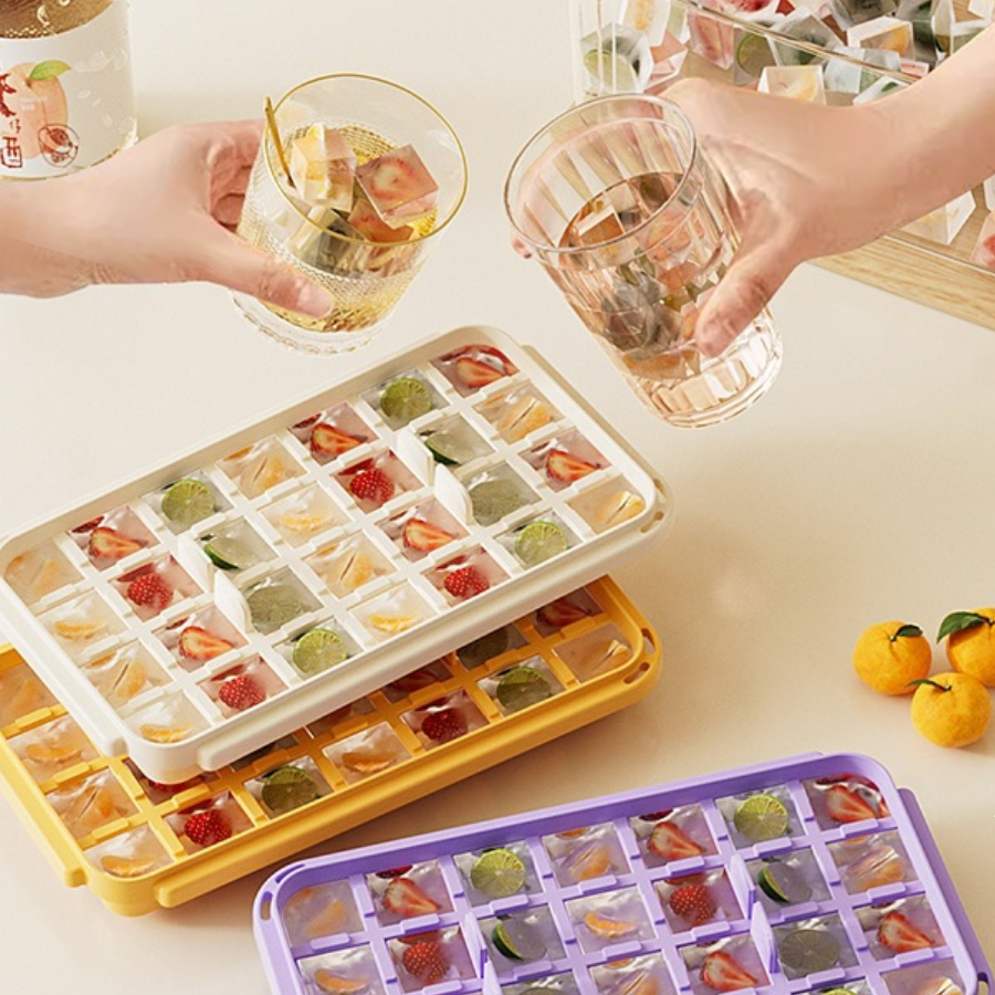 Khay Làm Đá Viên Có Nắp Đậy Kín, Hộp Đựng Đá Nhiều Tầng Kèm Tay Xách, Khuôn Đá Viên Nhựa An Toàn