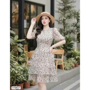 Váy Thiết Kế DVC - Váy Be Voan Hoa 5 Tầng Họa Tiết Sao V1807 - DOLCE VIVA COLLECTION