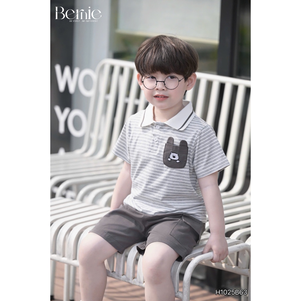 (Hãng Bernie)Bộ quần áo polo cổ dệt  bé trai hoạ tiết kẻ ngang  phối túi  thêu cún , chất áo cotton co dãn, mềm mại kèm