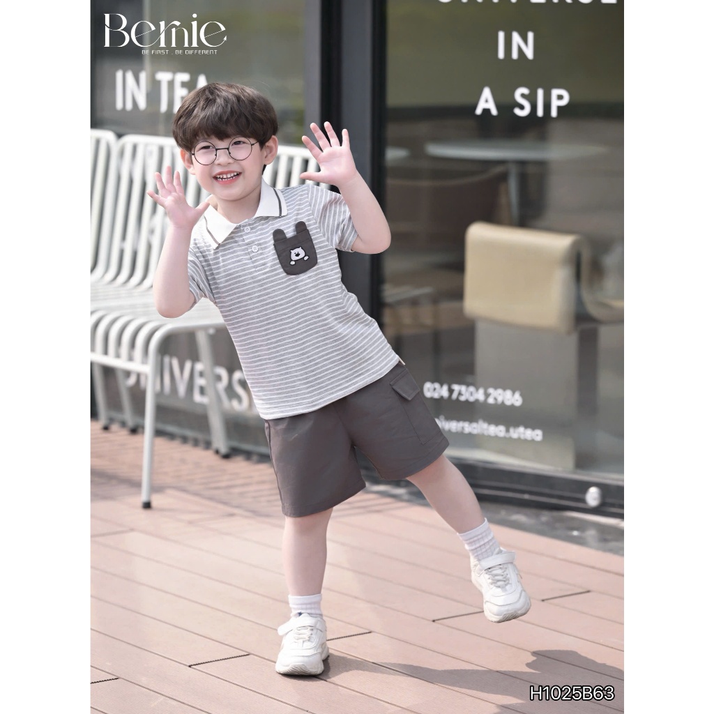(Hãng Bernie)Bộ quần áo polo cổ dệt  bé trai hoạ tiết kẻ ngang  phối túi  thêu cún , chất áo cotton co dãn, mềm mại kèm