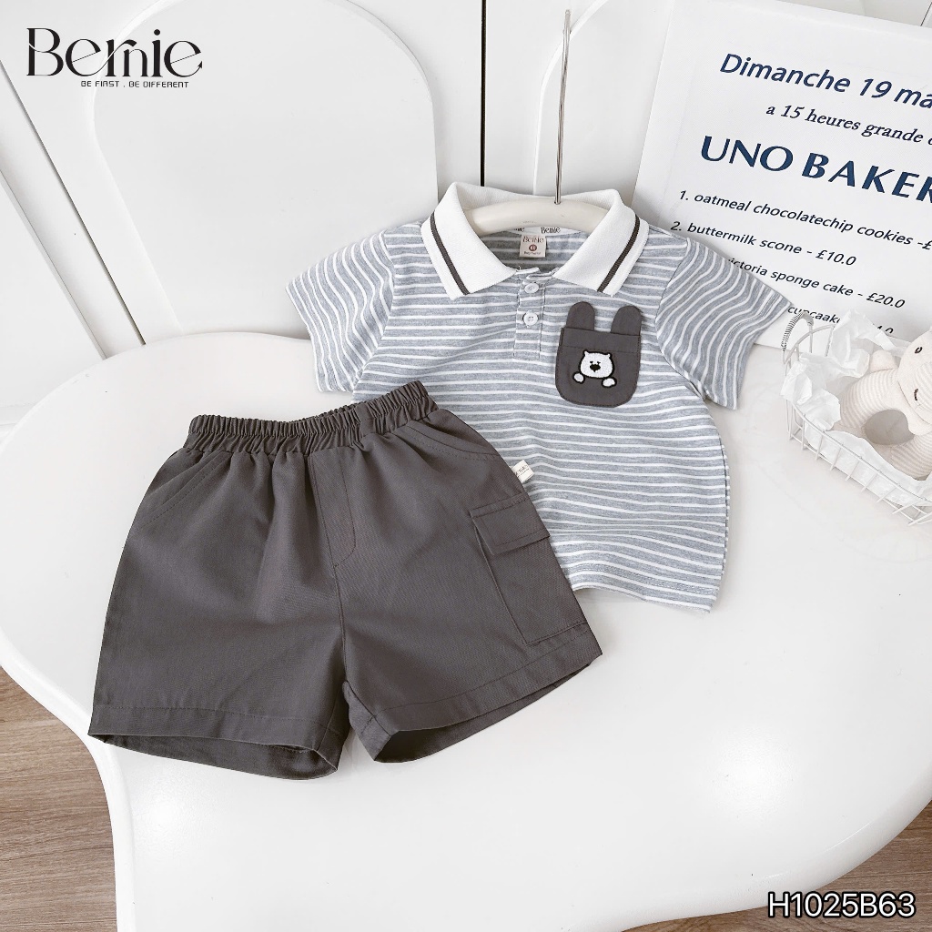 (Hãng Bernie)Bộ quần áo polo cổ dệt  bé trai hoạ tiết kẻ ngang  phối túi  thêu cún , chất áo cotton co dãn, mềm mại kèm