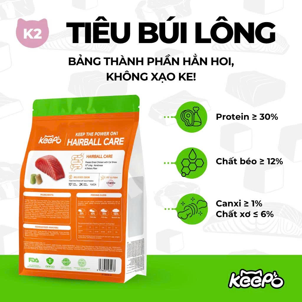 Thức ăn cho mèo Keepo K1/K2 Đẹp da, Mượt lông, Tiêu & Giảm búi lông, Tiêu hóa khỏe mạnh, Gói 1kg