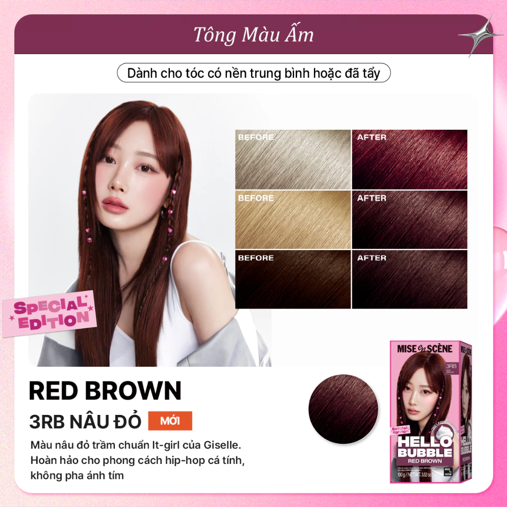 3RB Nâu đỏ - Nhuộm tóc mise en scène Hello Bubble 100g công thức cải tiến, dạng bọt bền và lâu tan, tông màu (bản sao) (bản sao)