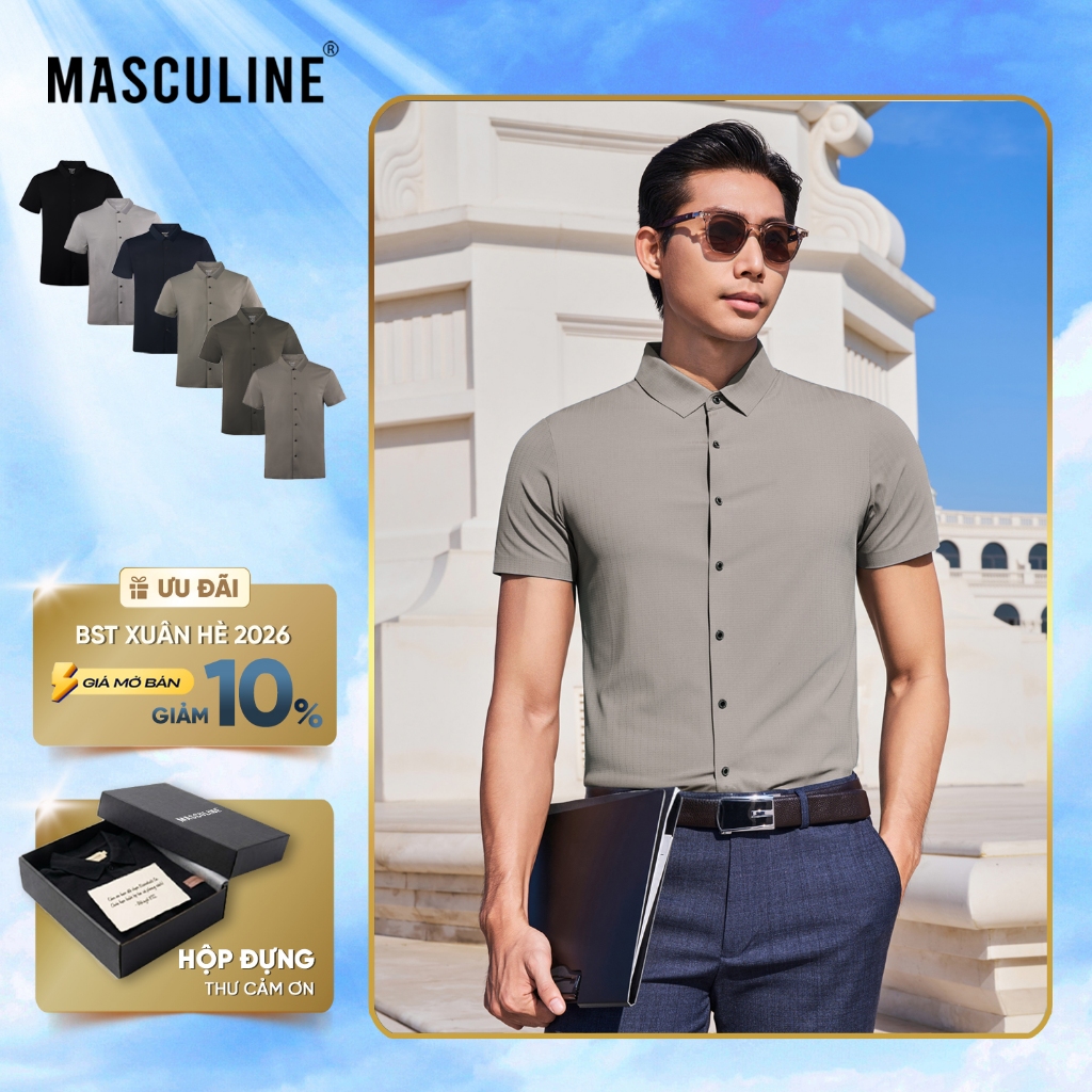 Áo sơ mi nam MASCULINE SMD600 ngắn tay chất liệu silk nylon spandex mềm mịn form regular