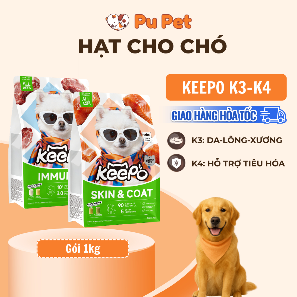 Thức ăn cho chó Keepo K3/K4 1KG Chăm sóc răng miệng, Omega 3 cho Da & Lông, Phát triển não & xương
