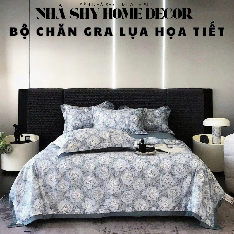 Bộ Chăn Ga Gối Lụa Hoạ Tiết Chất Liệu Thoáng Mát - Bộ 4 Món Chăn Drap Vỏ Gối Nằm - Chăn Chần Bông Nhà Shy Home Decor