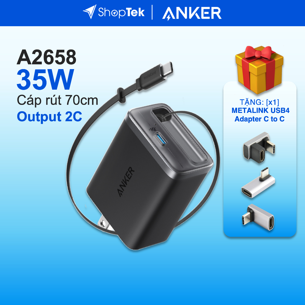 ANKER Nano A2658 Củ Sạc nhanh 2C 35W GaN tích hợp cáp TypeC rút gọn 70cm | Bản Quốc tế