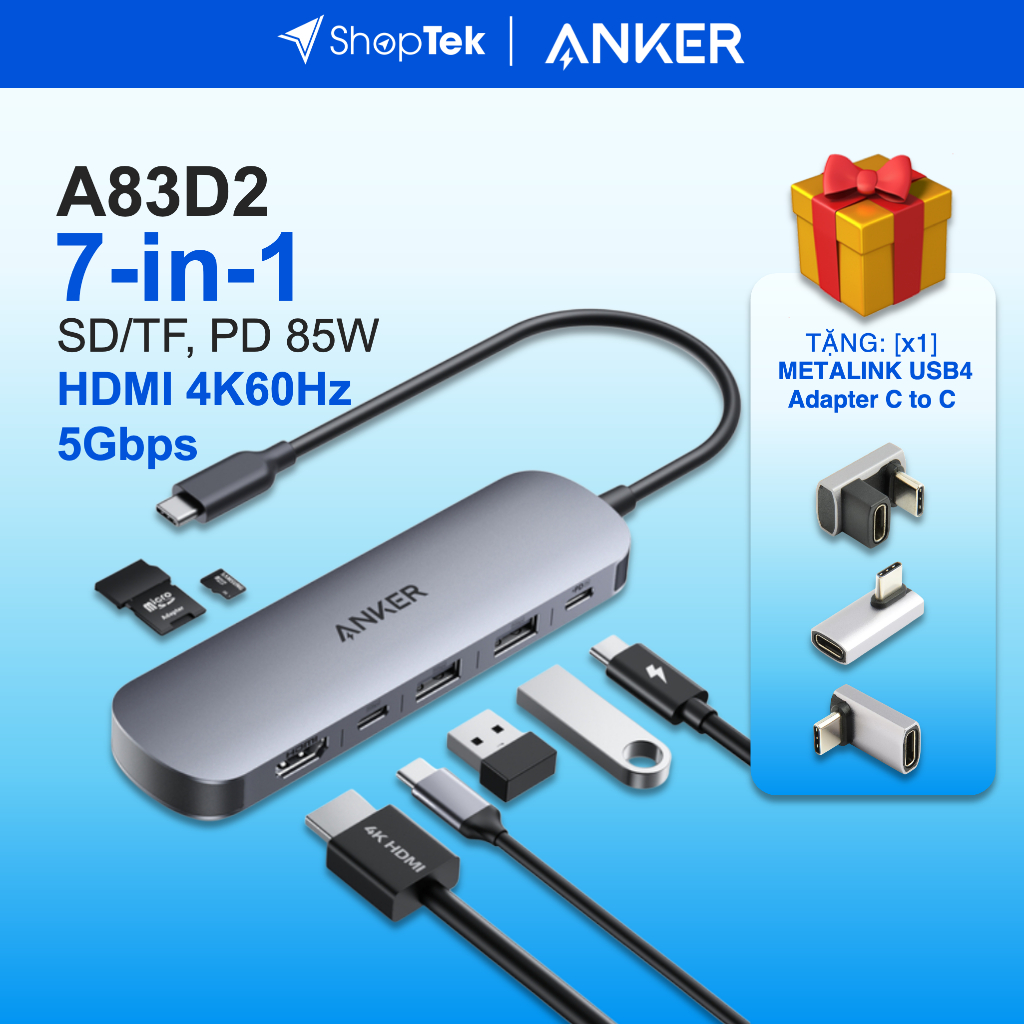 ANKER Nano Hub USB-C 7-in-1,HDMI 4K60Hz, SD/TF 3.0, PD100W, USB3.0 5Gbps - A83D2