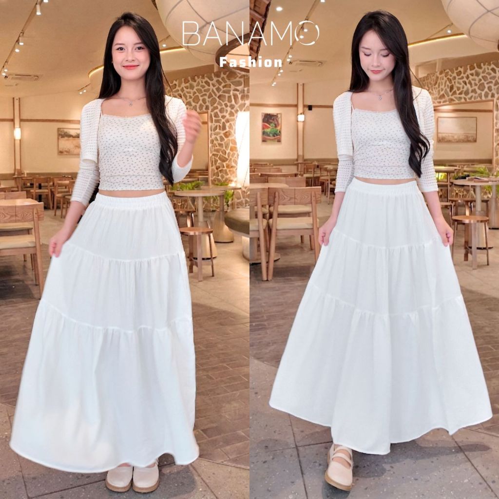 Chân váy nữ BIGSIZE Banamo Fashion váy trơn xếp ly nhún 3 tầng dáng dài chất đũi vân mây nhiều màu siêu xinh 520