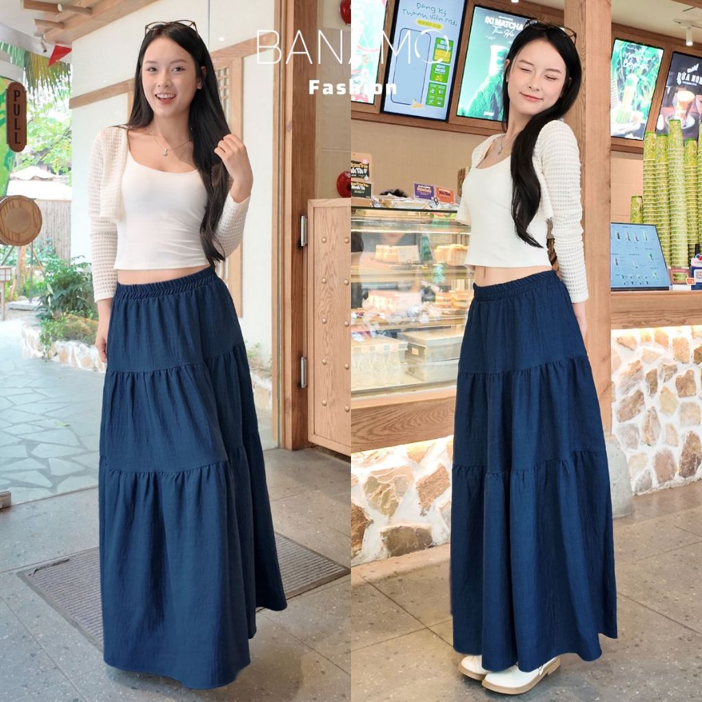 Chân váy nữ BIGSIZE Banamo Fashion váy trơn xếp ly nhún 3 tầng dáng dài chất đũi vân mây nhiều màu siêu xinh 520