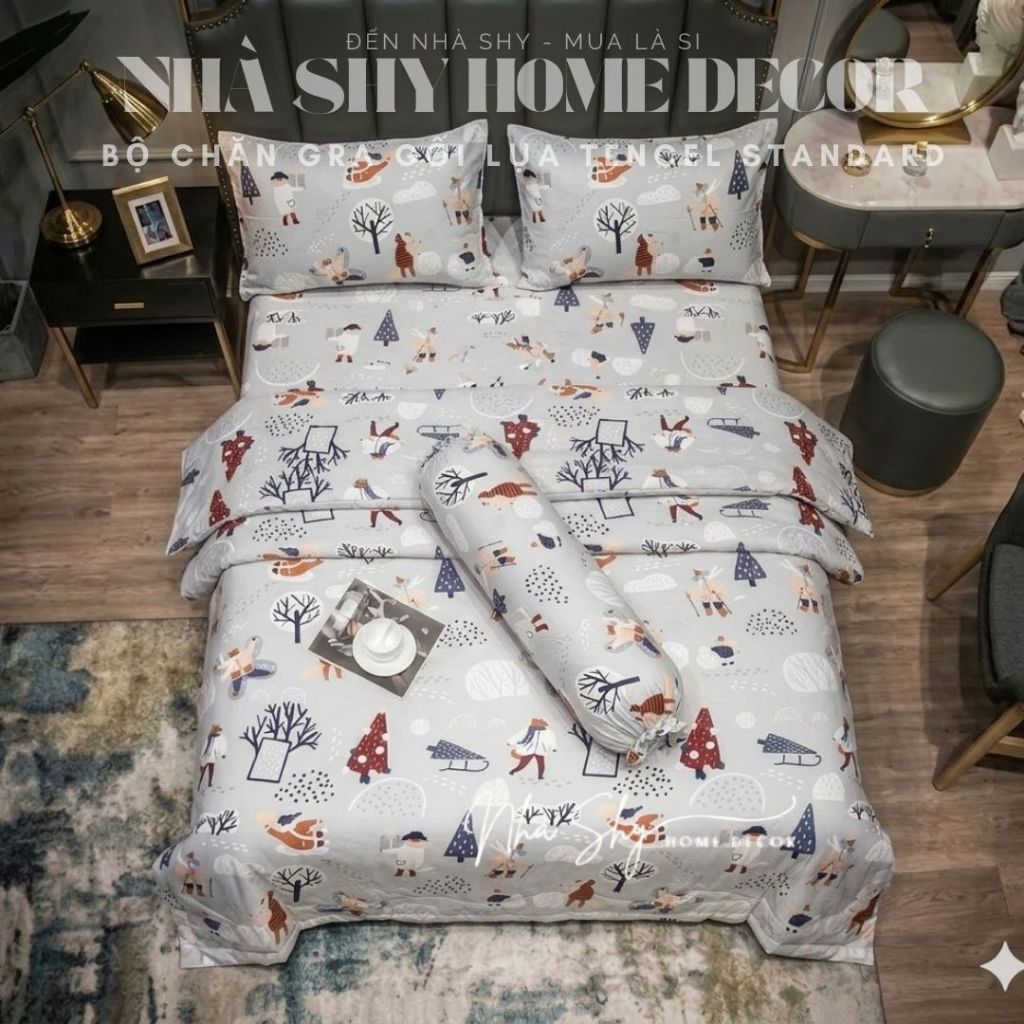 Bộ chăn ga gối lụa tencel standard cao cấp, chất liệu lụa tencel mềm mịn, thoáng mát, chăn đã có ruột sẵn hàng