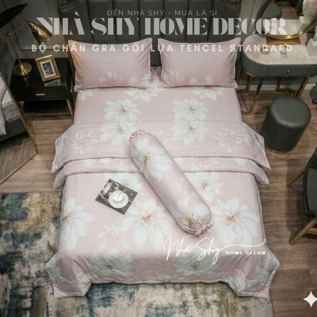 Bộ chăn ga gối lụa tencel standard cao cấp, chất liệu lụa tencel mềm mịn, thoáng mát, chăn đã có ruột sẵn hàng