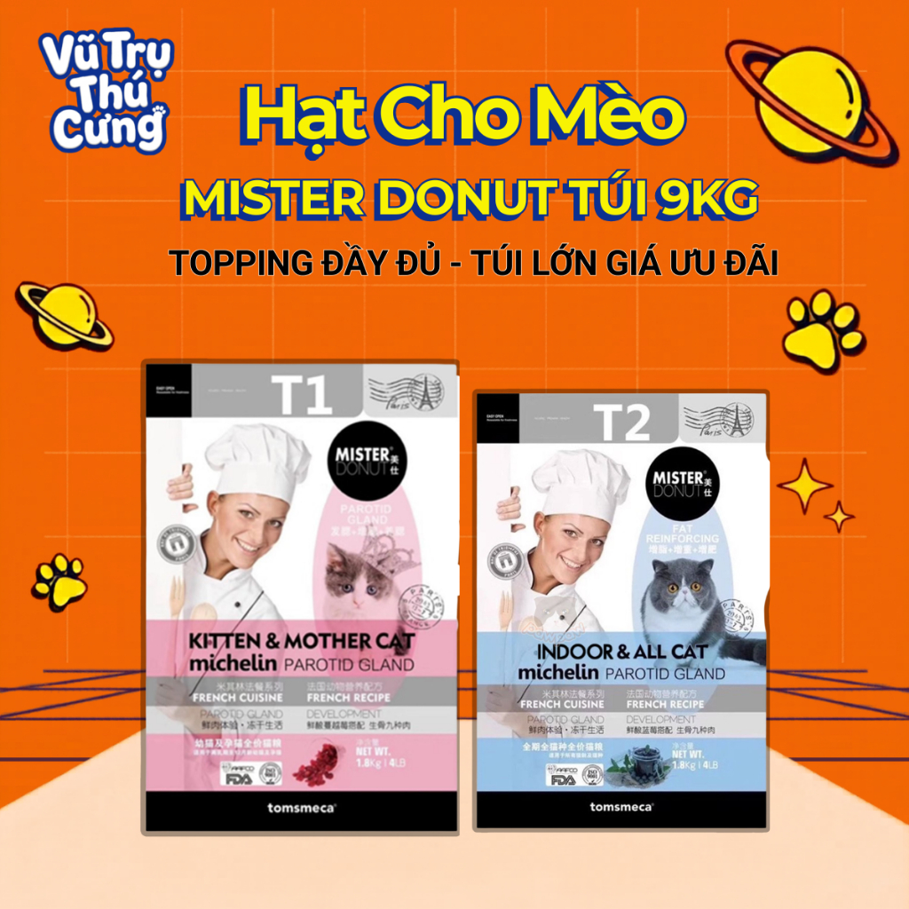 (9Kg) Thức Ăn Hạt Mister Donut T1 và T2 Dành Cho Mèo con, Mèo Trưởng Thành