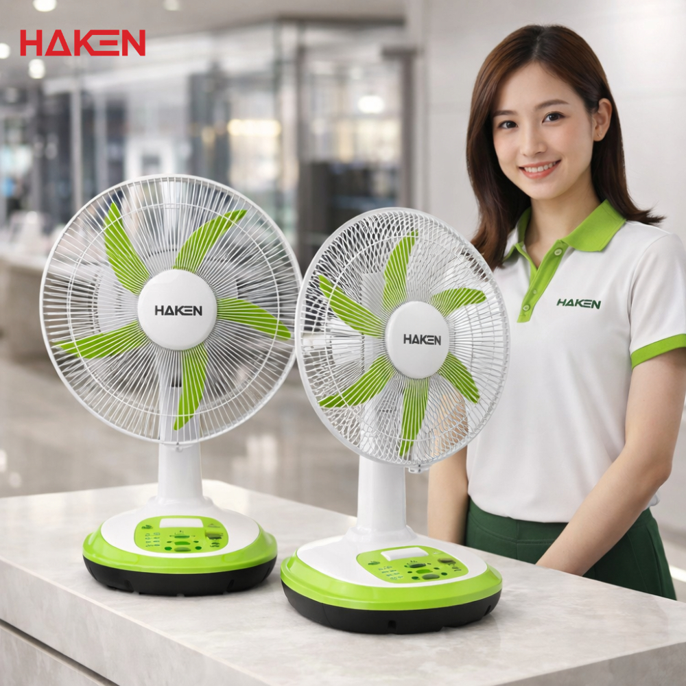 Quạt Sạc HAKEN 14-16 Inch | Dùng 40-60H | Sạc Điện + Năng Lượng Mặt Trời | Gió Mạnh Êm