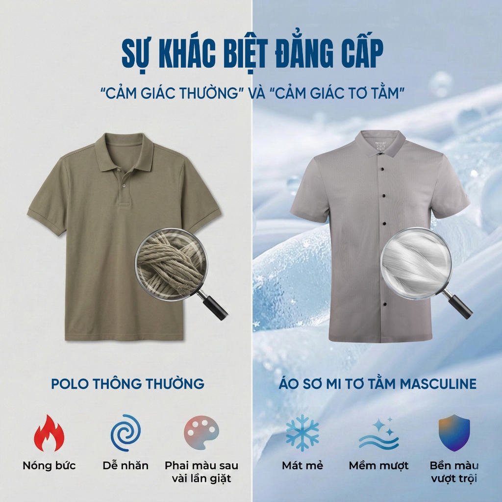 Áo sơ mi nam MASCULINE SMD600 ngắn tay chất liệu silk nylon spandex mềm mịn form regular