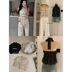 WGWE | Áo cổ yếm Voan Chấm Bi/Hoa crop top - 2lớp hở lưng –W9380#