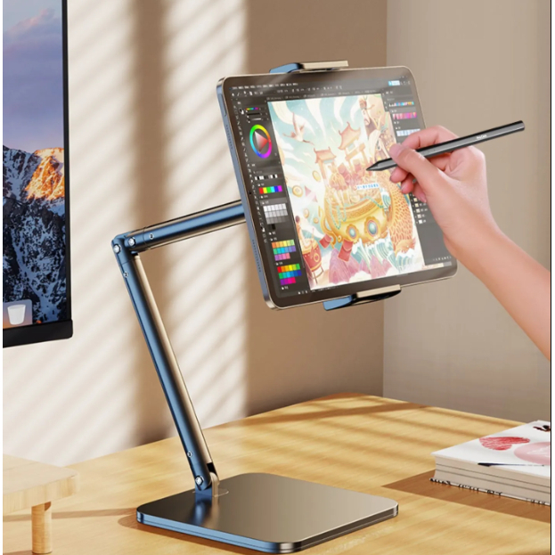 Giá đỡ điện thoại, ipad, máy tính bảng hợp kim nhôm cao cấp, Đế đúc chắc chắn 4 trục xoay 360° chống rung, gấp gọn