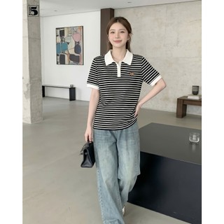 Áo Phông Nữ Kẻ Sọc Tay Ngắn Phối Cổ Polo – Freesize Kẻ Đen Trắng Trẻ Trung, Năng Động | Twentyfive Fashion - 4730