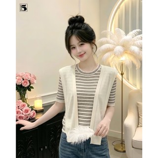Áo Len Nữ Ngắn Tay Twentyfive Kẻ Sọc Kèm Vạt, Áo Len Nữ Phong Cách Hàn Quốc Dễ Phối Đồ, Chất Len Mềm Mịn Co Giãn 6992