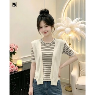 Áo Len Nữ Ngắn Tay Twentyfive Kẻ Sọc Kèm Vạt, Áo Len Nữ Phong Cách Hàn Quốc Dễ Phối Đồ, Chất Len Mềm Mịn Co Giãn 6992
