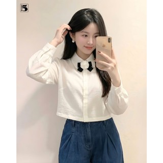 Áo sơ mi dài tay kèm nơ hoa trà dáng áo lỡ thiết kế trơn basic Twenty.5- AH119