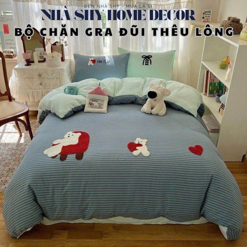 Bộ Chăn Gra Gối Đũi Thêu Nổi Hoạ Tiết Animals 3D Cao Cấp - Bộ Vỏ Chăn 4 Món - Nhà Shy Home Decor