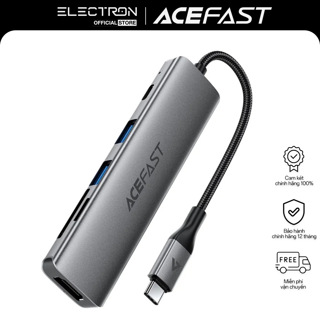 Bộ Hub USB-C 6 trong 1 ACEFAST J18 – Xuất hình 4K 60Hz, Sạc nhanh PD 90W, Dock mở rộng kèm khe thẻ SD/TF