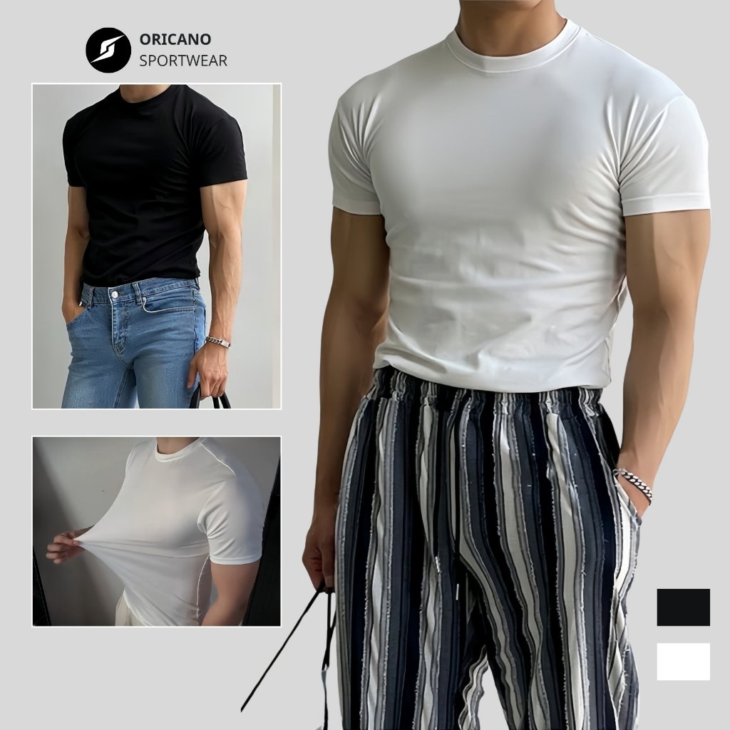 Áo Thun Thể Thao Nam ORICANO Cao Cấp Cộc Tay Đen Trắng Ôm Body Vải Cotton Thun Lạnh Cao Cấp Co Dãn X8 Chiều AT02