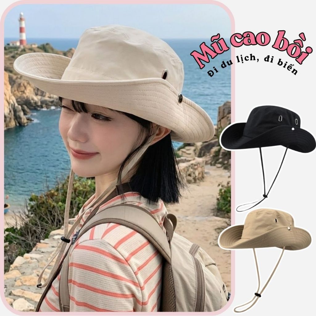 Mũ cao bồi nơ có dây rút, nón tai bèo đi biển chất vải KAKI cao cấp thoáng mát phong cách Hàn Quốc siêu xinh
