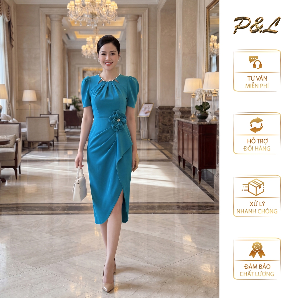 Váy Đầm Dự Tiệc Trung Niên BigSize Đi Cưới Thiết Kế Cao Cấp Đầm Đi Tiệc Cổ Tròn Phụ Kiện Bông Eo PL7