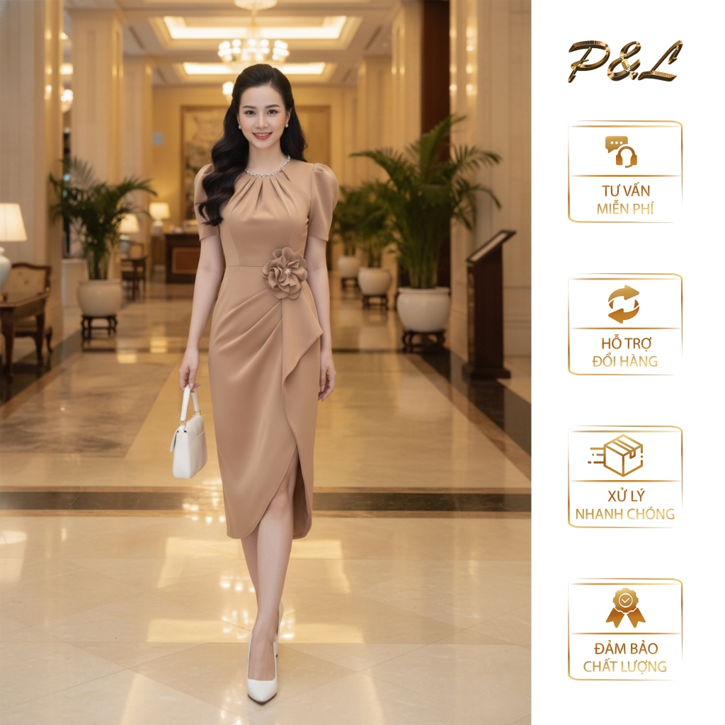Váy Đầm Dự Tiệc Trung Niên BigSize Đi Cưới Thiết Kế Cao Cấp Đầm Đi Tiệc Cổ Tròn Phụ Kiện Bông Eo PL7