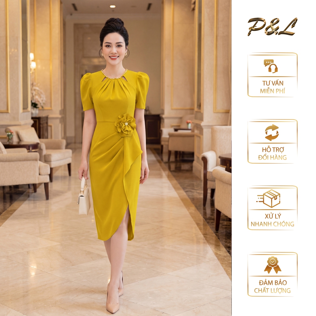 Váy Đầm Dự Tiệc Trung Niên BigSize Đi Cưới Thiết Kế Cao Cấp Đầm Đi Tiệc Cổ Tròn Phụ Kiện Bông Eo PL7