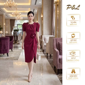 Váy Đầm Dự Tiệc Trung Niên BigSize Đi Cưới Thiết Kế Cao Cấp Đầm Đi Tiệc Cổ Tròn Phụ Kiện Bông Eo PL7