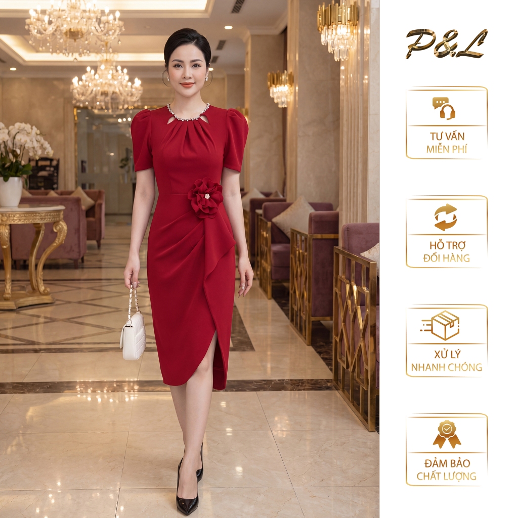 Váy Đầm Dự Tiệc Trung Niên BigSize Đi Cưới Thiết Kế Cao Cấp Đầm Đi Tiệc Cổ Tròn Phụ Kiện Bông Eo PL7