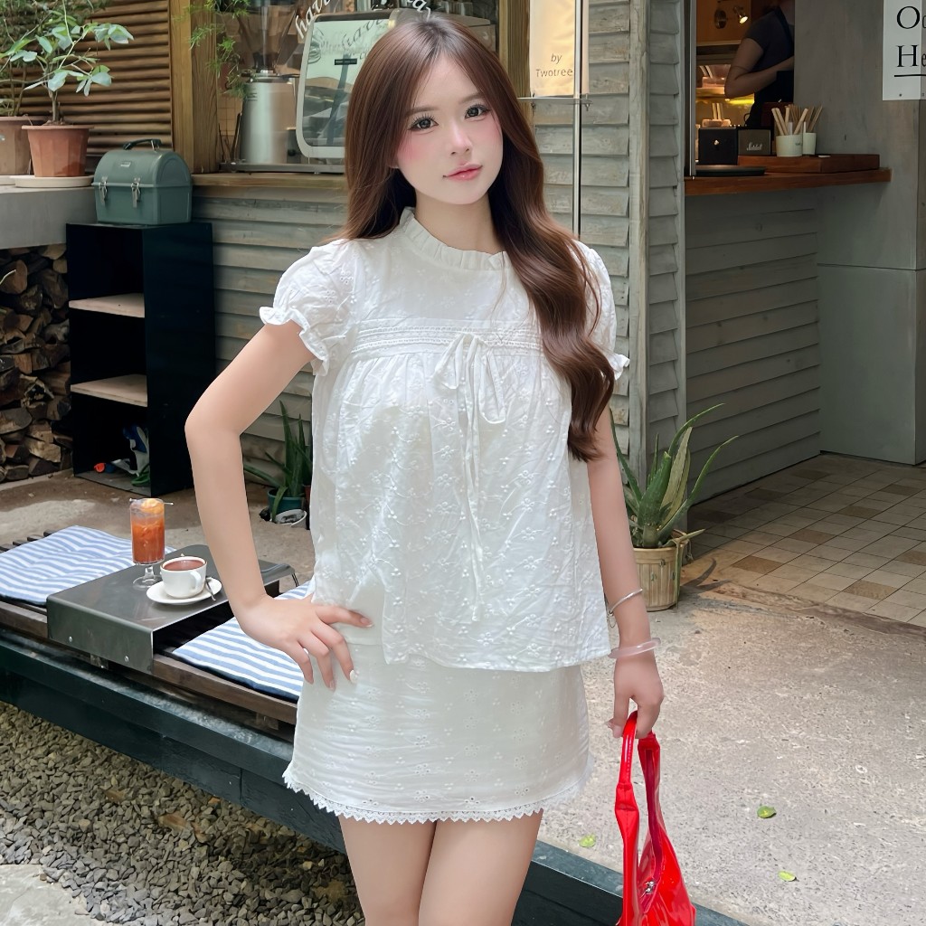 (HAVANA) - Set bộ babydoll 2 lớp tay bồng thắt nơ phối chân váy ren SAT424