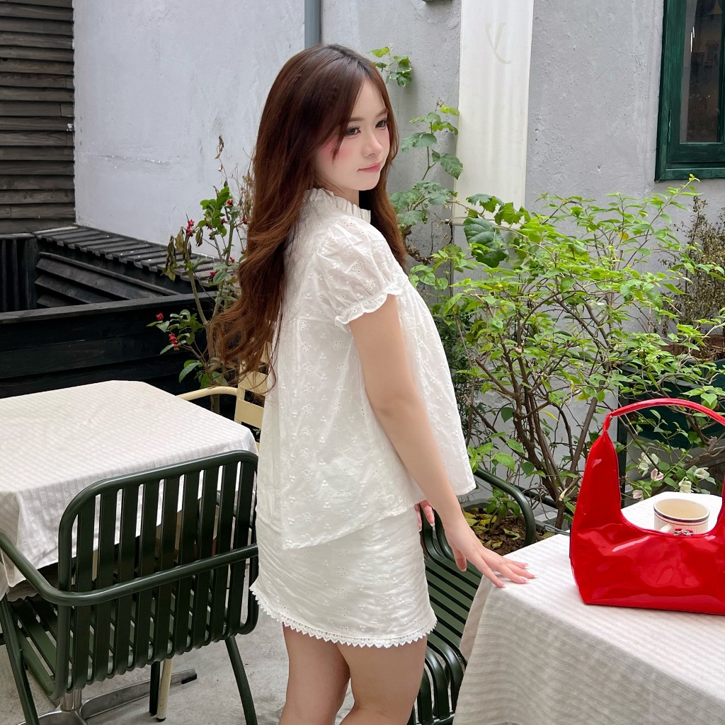 (HAVANA) - Set bộ babydoll 2 lớp tay bồng thắt nơ phối chân váy ren SAT424