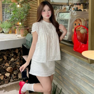 - Set bộ babydoll 2 lớp tay bồng thắt nơ phối chân váy ren SAT424