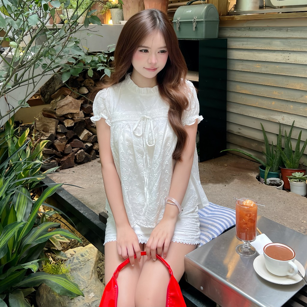 (HAVANA) - Set bộ babydoll 2 lớp tay bồng thắt nơ phối chân váy ren SAT424