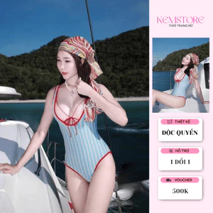Đồ bơi nữ liền thân sọc dọc viền đỏ gợi cảm – Bikini nâng ngực tôn dáng, đi biển cao cấp mùa hè 2026