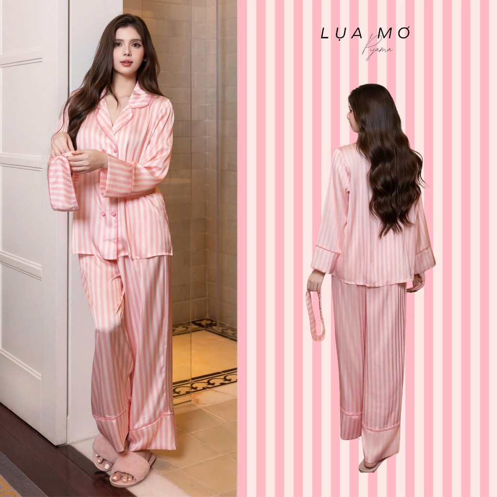 Pijama Tiểu Thư Form Vest Họa Tiết Sọc Hồng Tặng Bịt Mắt Vải Lụa Latin Cao Cấp - Đồ Bộ Lụa Mơ LM142