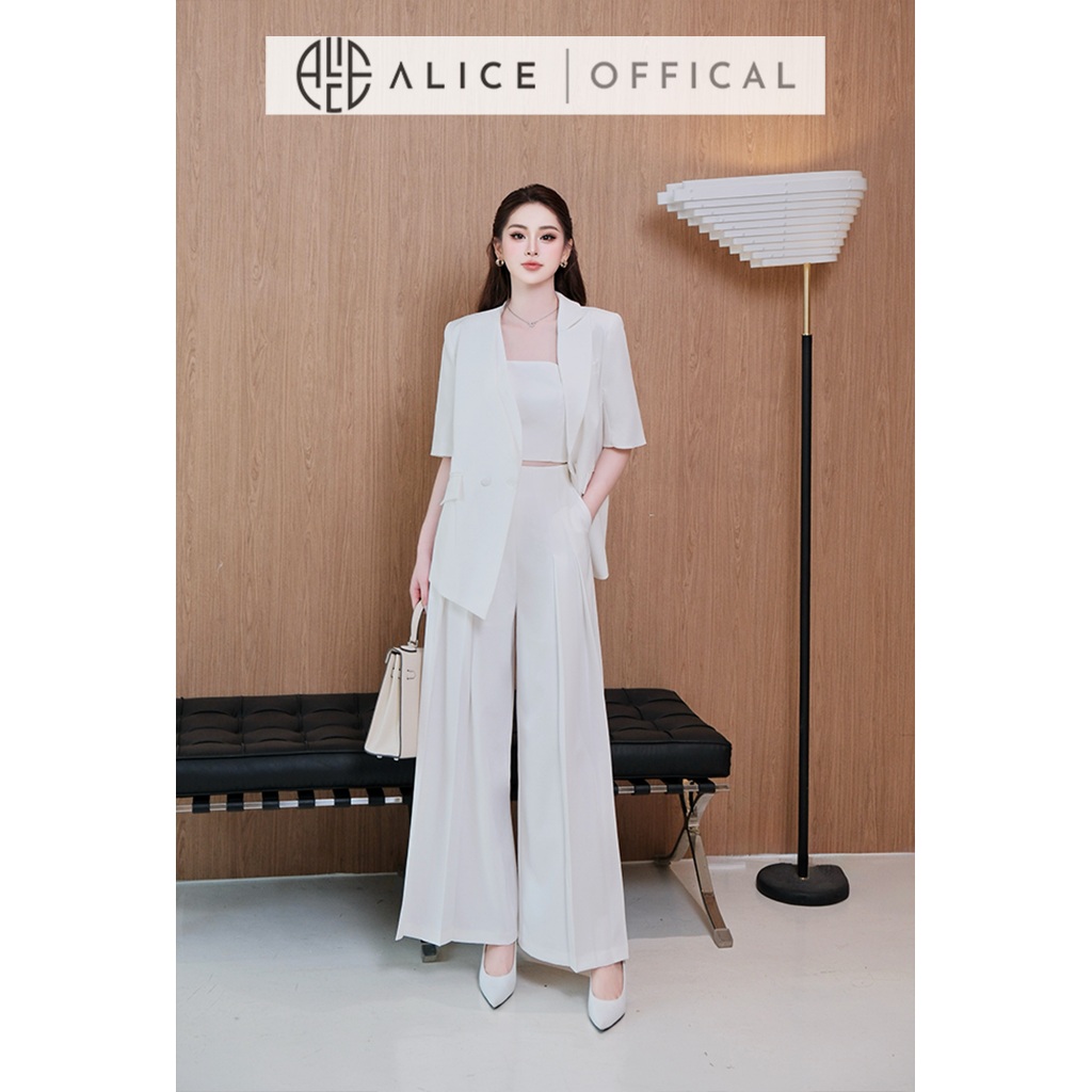 Set Công Sở Thanh Lịch Alice Chất Chéo Rubi 3 Chi Tiết Áo Quây 2 Dây, Quần Dài Ống Rộng Xếp Ly Kèm Blazer Cổ Gấp T390-SX