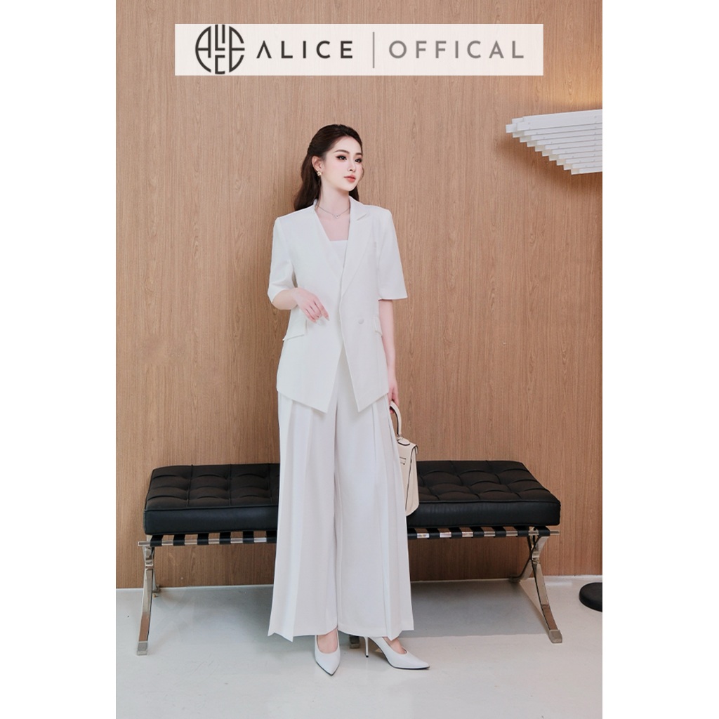 Set Công Sở Thanh Lịch Alice Chất Chéo Rubi 3 Chi Tiết Áo Quây 2 Dây, Quần Dài Ống Rộng Xếp Ly Kèm Blazer Cổ Gấp T390-SX